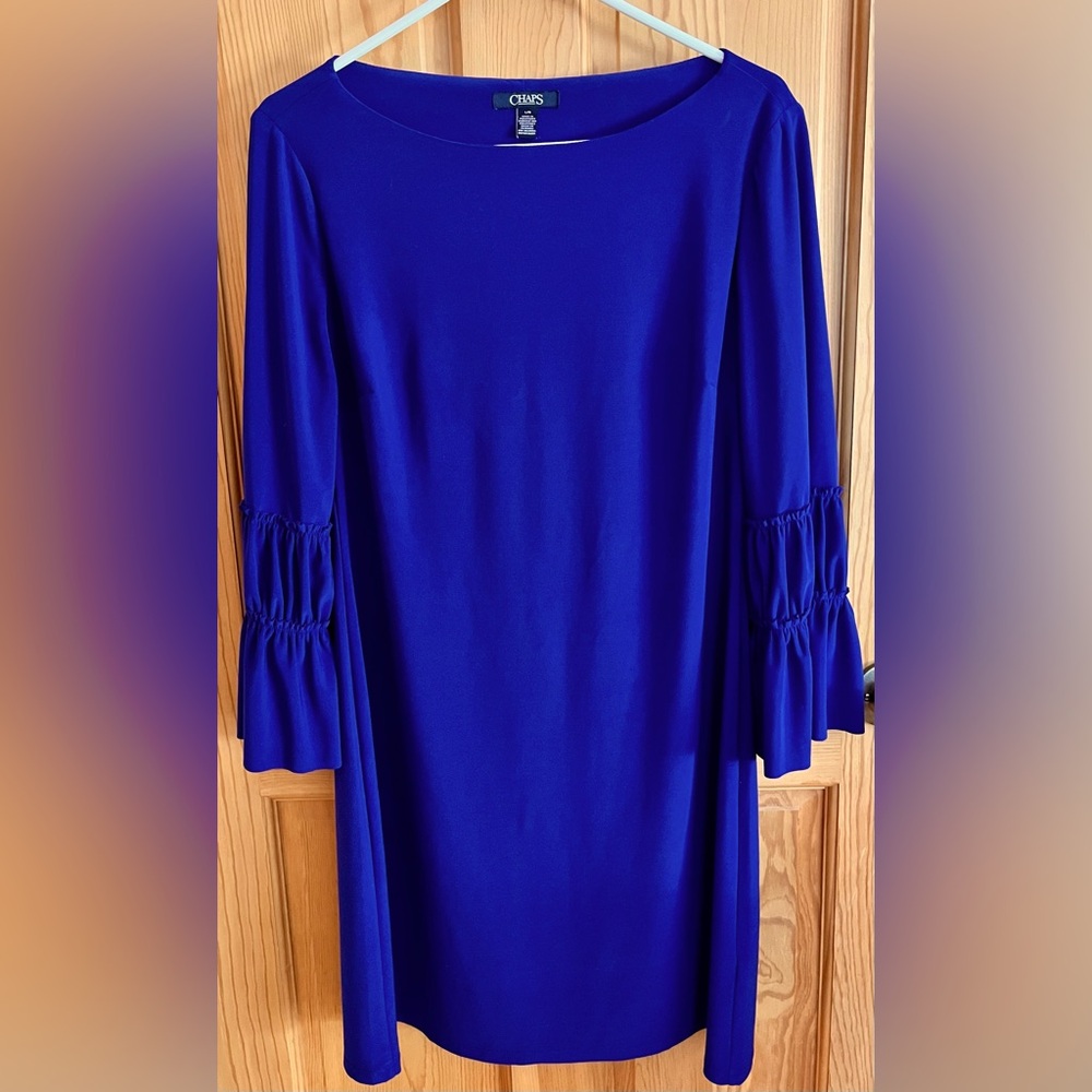 Chaps Royal Blue Long Sleeve Shift Dress with Ruffled Sleeves